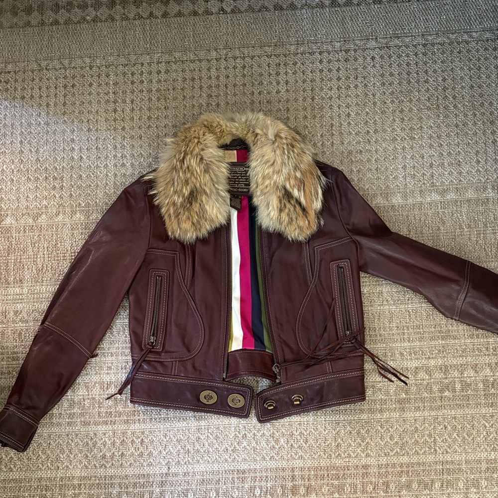 Coach Brown Leather Jacket with Coyote Fur Collar